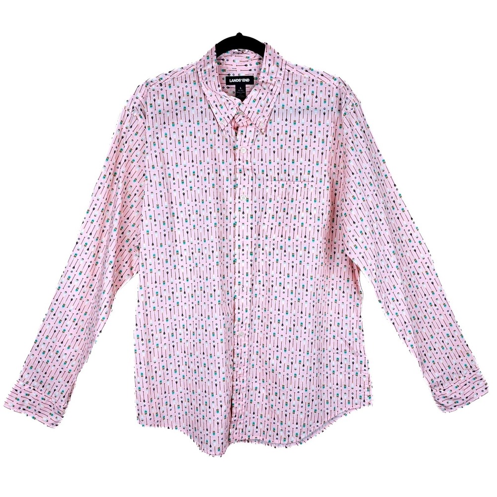 Lands' End Pink Arrow Print Long Sleeve Button Down‎ Shirt - Mens L 16-16.5 fit